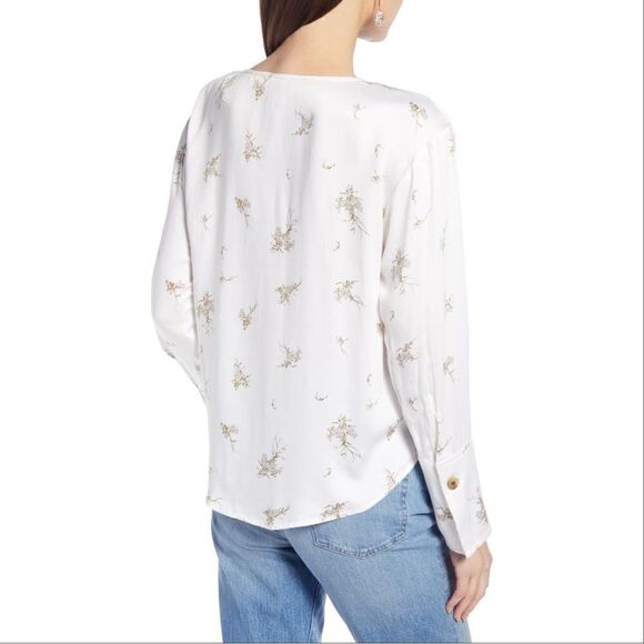 Something Navy Floral Exaggerated Cuff Button Front Shirt Ivory Tan Large - Picture 5 of 15